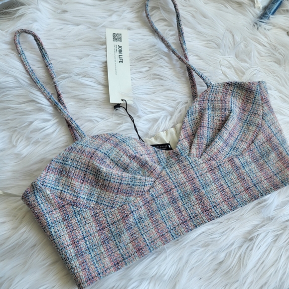 Zara White and Blue Pink Tweed Cropped Bralette Size Small Summer top NWT - Picture 9 of 10